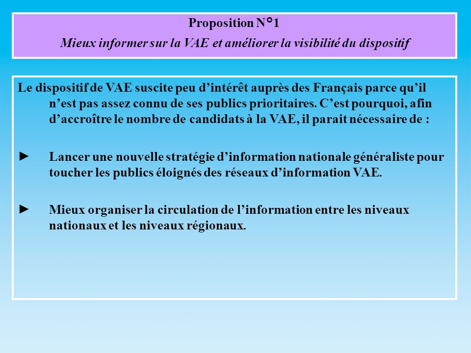 Proposition N°1 Mieux informer sur la VAE et améliorer la visibilité du dispositif Le dispositif de VAE suscite peu dintérêt auprès des Français parce quil nest pas assez connu de ses publics prioritaires.