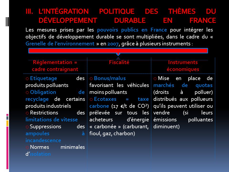 III.LINTÉGRATION POLITIQUE DES THÈMES DU DÉVELOPPEMENT DURABLE EN FRANCE