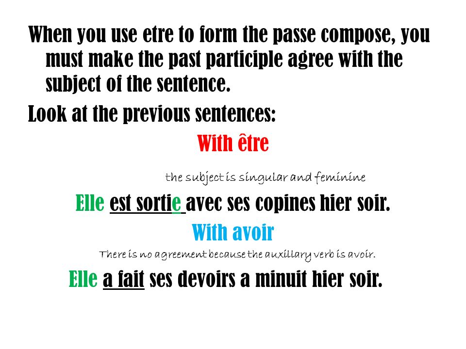 When you use etre to form the passe compose, you must make the past participle agree with the subject of the sentence.