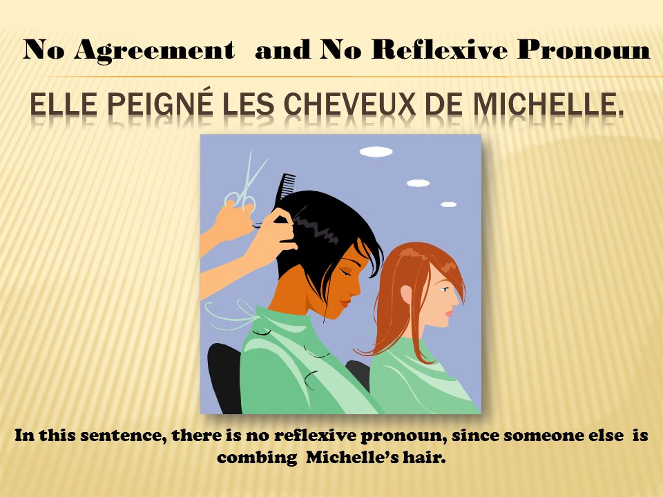 No Agreement and No Reflexive Pronoun In this sentence, there is no reflexive pronoun, since someone else is combing Michelles hair.