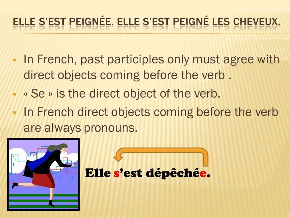 In French, past participles only must agree with direct objects coming before the verb.
