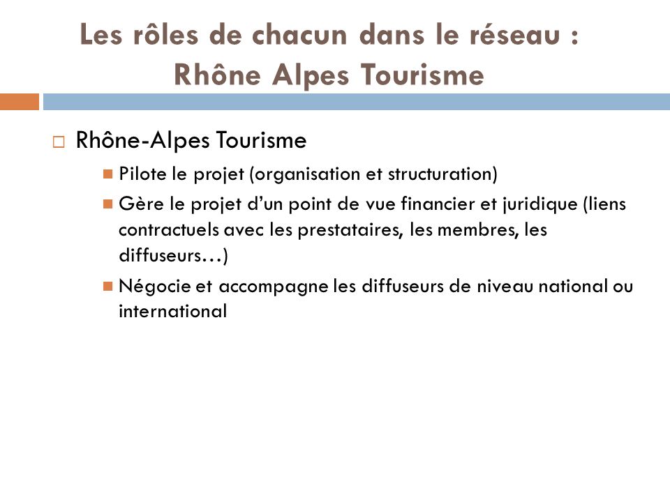 Les rôles de chacun dans le réseau : Rhône Alpes Tourisme Rhône-Alpes Tourisme Pilote le projet (organisation et structuration) Gère le projet dun point de vue financier et juridique (liens contractuels avec les prestataires, les membres, les diffuseurs…) Négocie et accompagne les diffuseurs de niveau national ou international