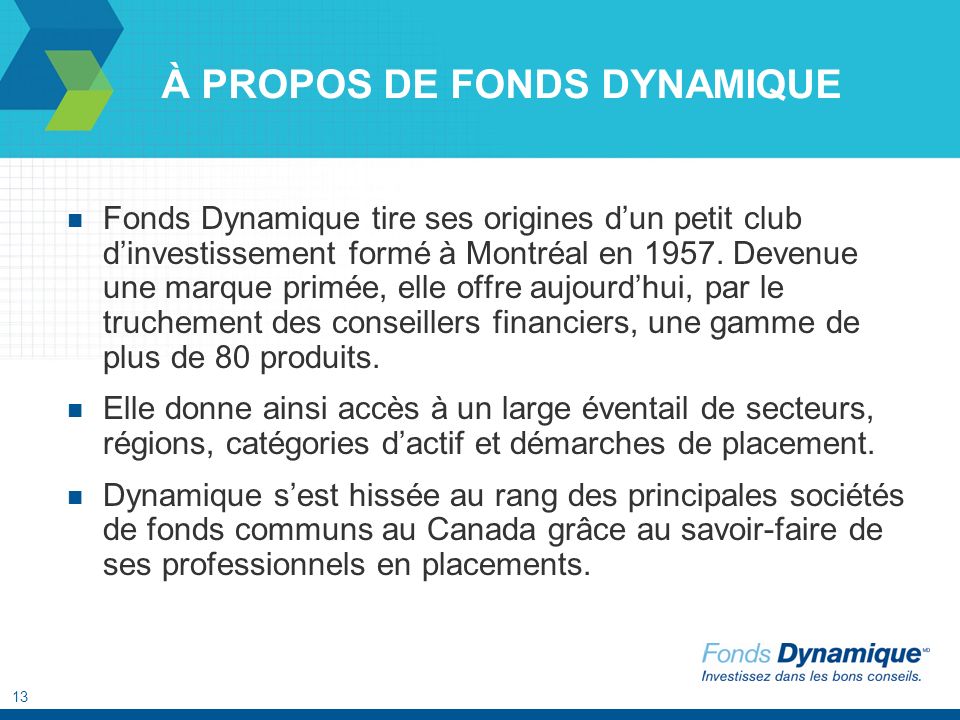 13 À PROPOS DE FONDS DYNAMIQUE Fonds Dynamique tire ses origines dun petit club dinvestissement formé à Montréal en 1957.