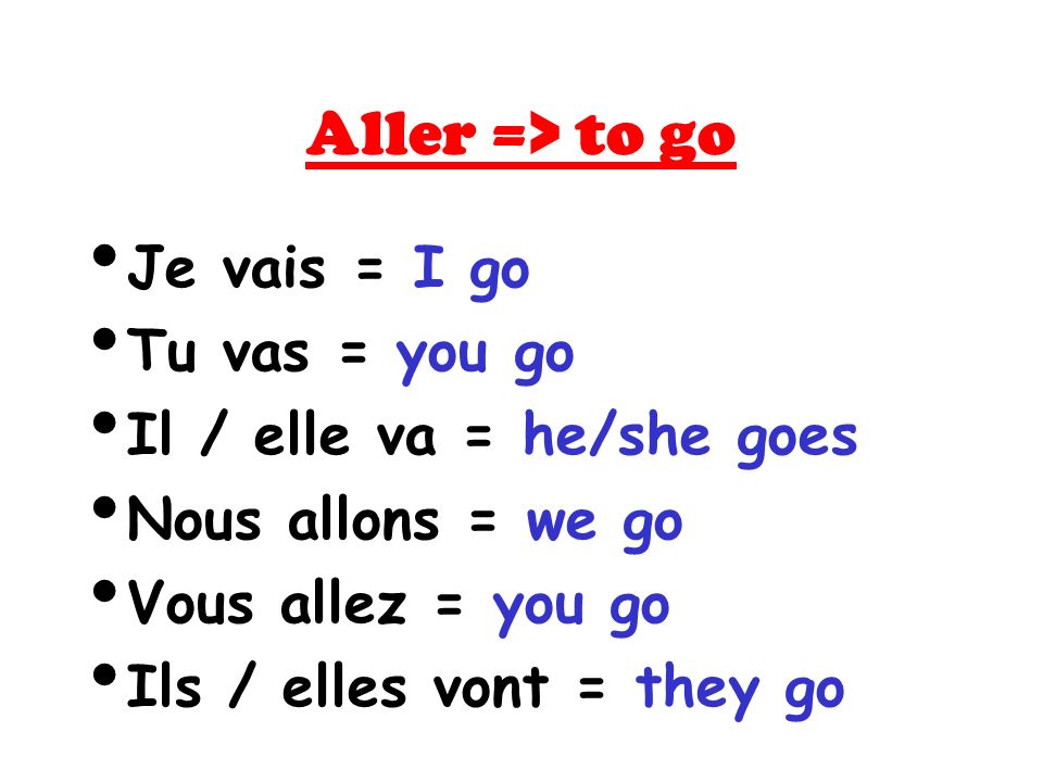 Aller => to go Je vais = I go Tu vas = you go Il / elle va = he/she goes Nous allons = we go Vous allez = you go Ils / elles vont = they go
