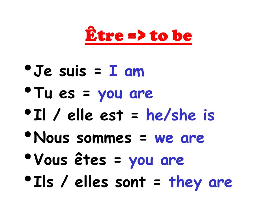 Être => to be Je suis = I am Tu es = you are Il / elle est = he/she is Nous sommes = we are Vous êtes = you are Ils / elles sont = they are