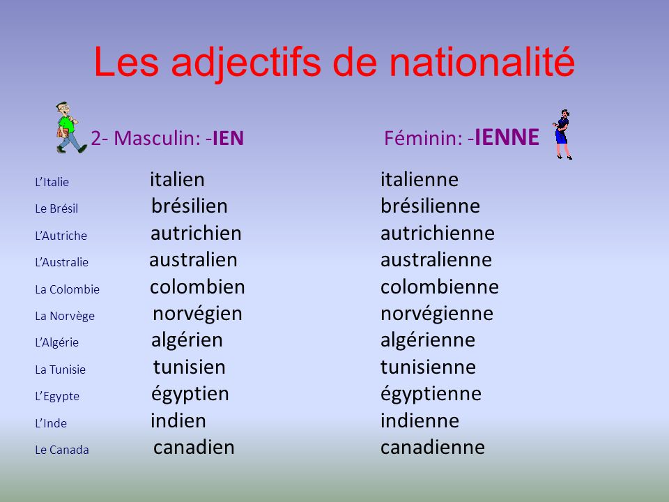 Afbeeldingsresultaat voor le féminin des adjectifs de nationalité