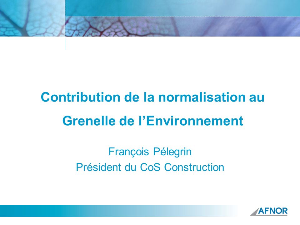 Contribution de la normalisation au Grenelle de lEnvironnement François Pélegrin Président du CoS Construction