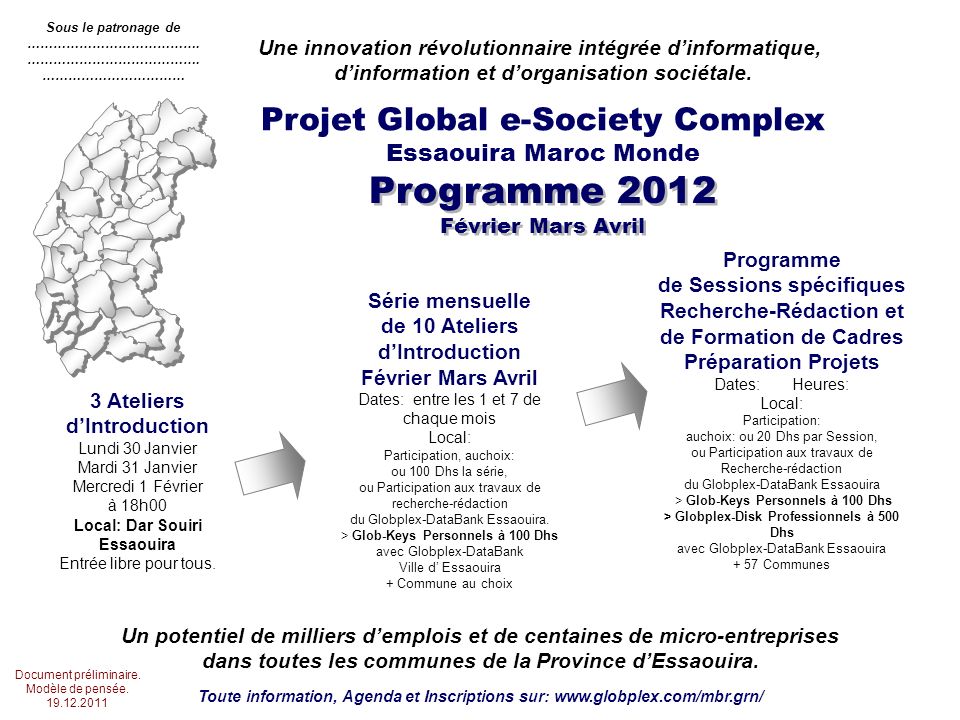 Programme 2012 Février Mars Avril Projet Global e-Society Complex Essaouira Maroc Monde Une innovation révolutionnaire intégrée dinformatique, dinformation et dorganisation sociétale.