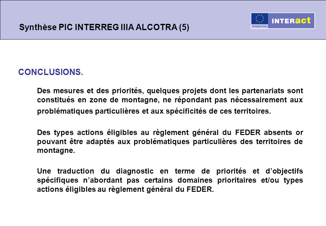 Synthèse PIC INTERREG IIIA ALCOTRA (5) CONCLUSIONS.