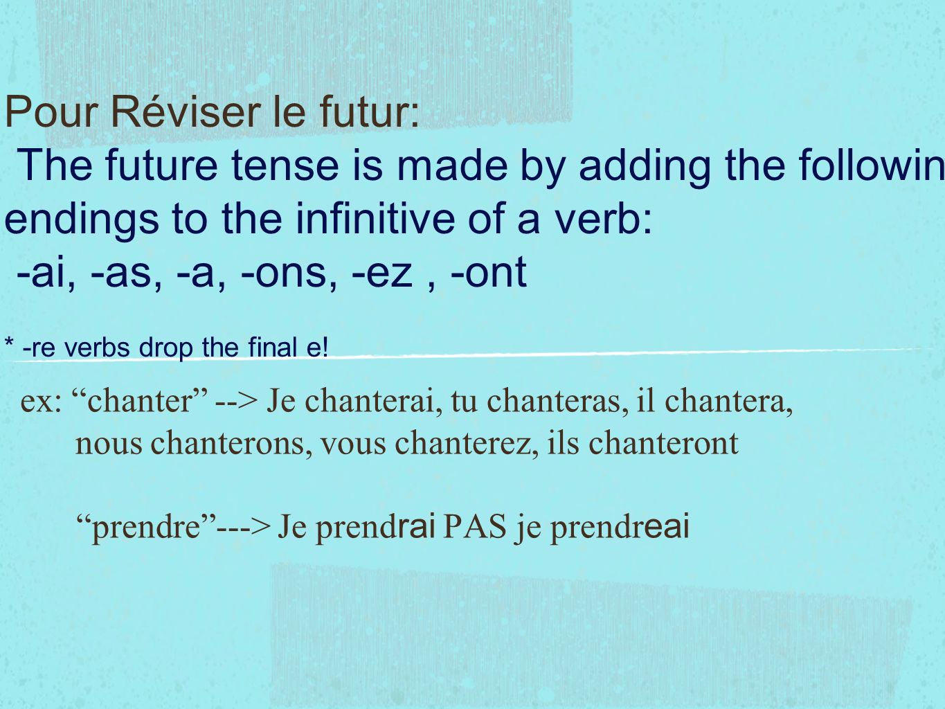 Pour Réviser le futur: The future tense is made by adding the following endings to the infinitive of a verb: -ai, -as, -a, -ons, -ez, -ont * -re verbs drop the final e.