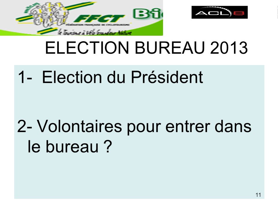 ELECTION BUREAU Election du Président 2- Volontaires pour entrer dans le bureau 11