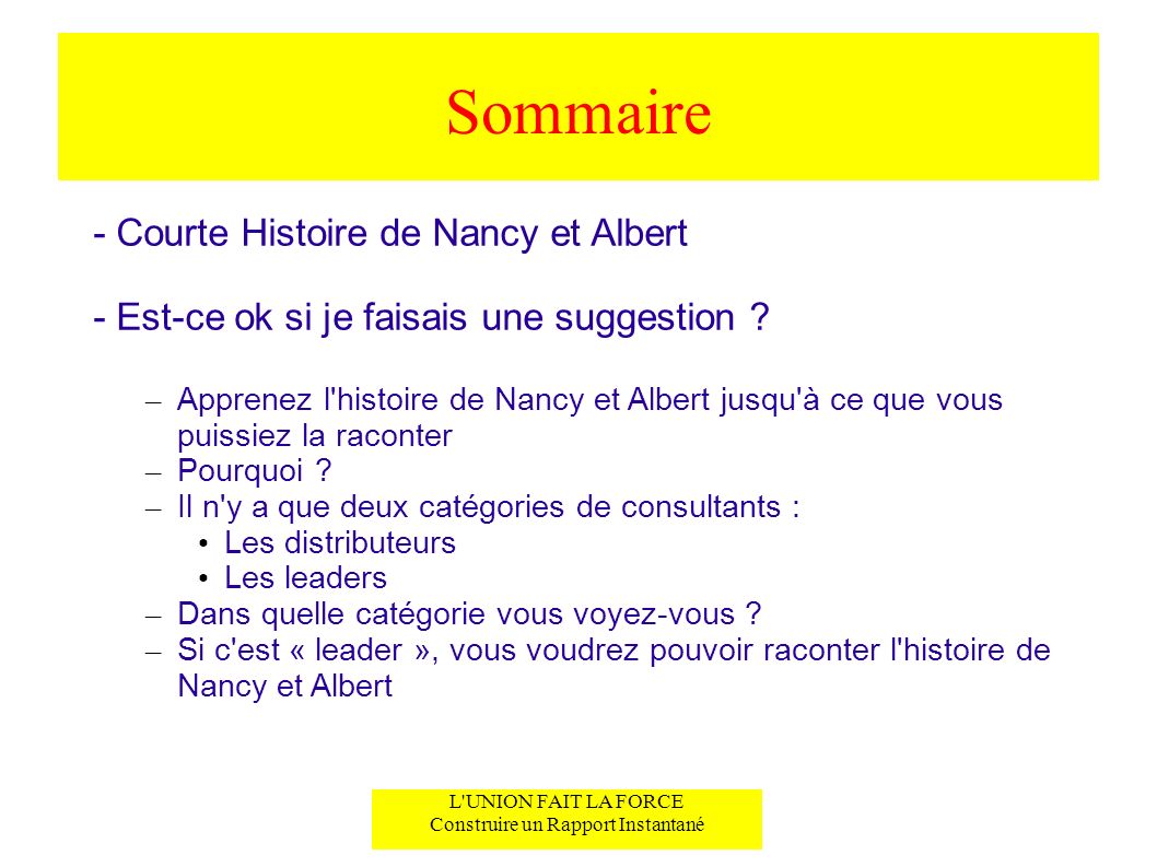 L UNION FAIT LA FORCE Construire un Rapport Instantané Sommaire - Courte Histoire de Nancy et Albert - Est-ce ok si je faisais une suggestion .