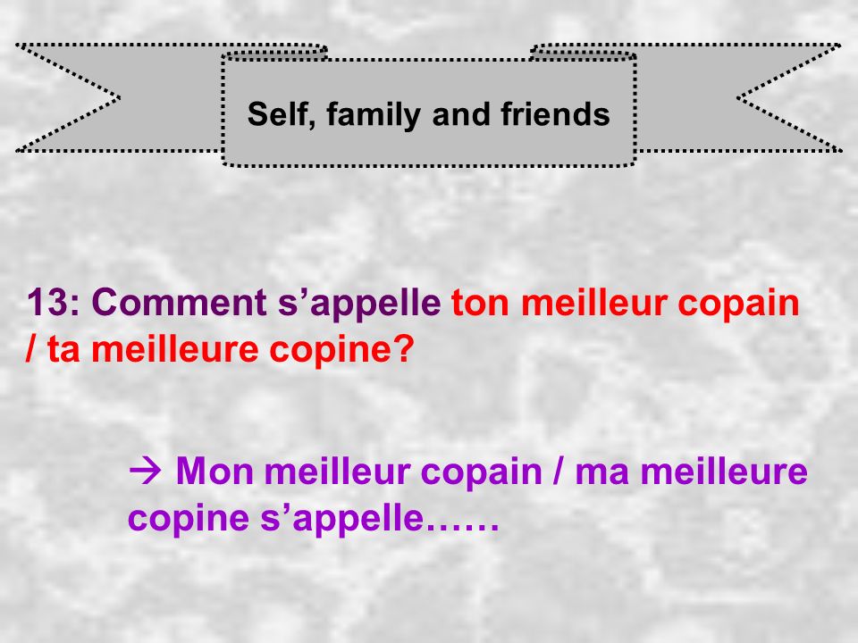 Self, family and friends 13: Comment sappelle ton meilleur copain / ta meilleure copine.