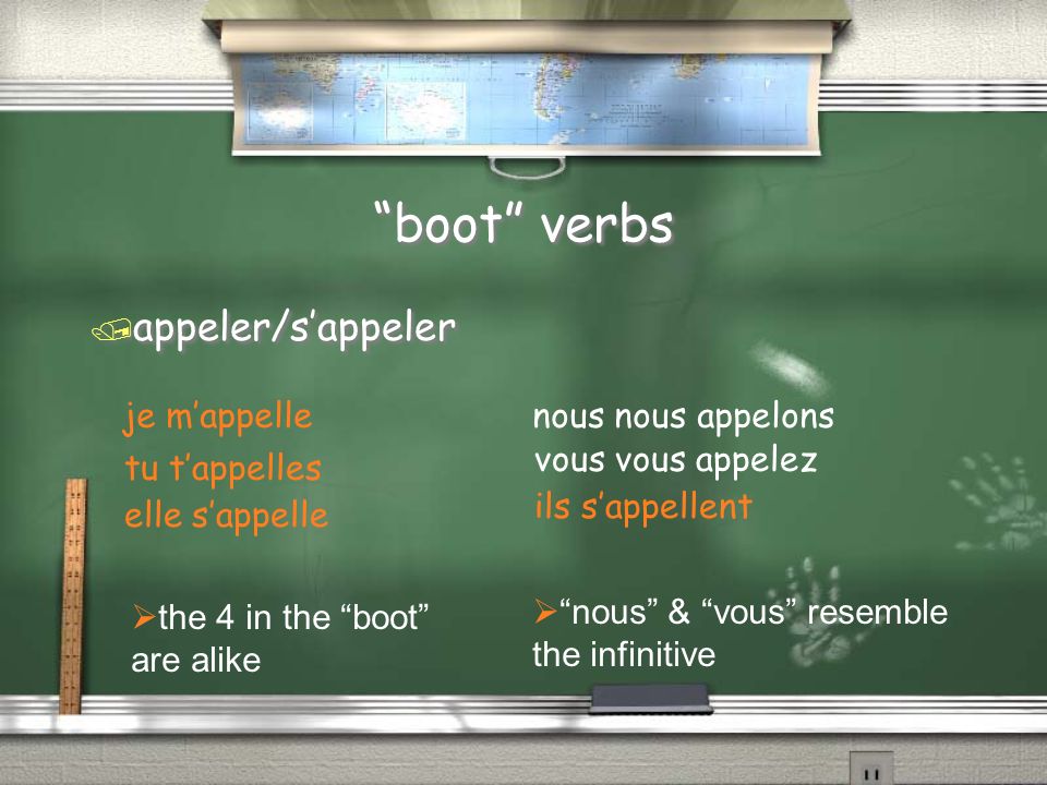 boot verbs / appeler/sappeler je mappelle tu tappelles elle sappelle nous nous appelons vous vous appelez ils sappellent the 4 in the boot are alike nous & vous resemble the infinitive