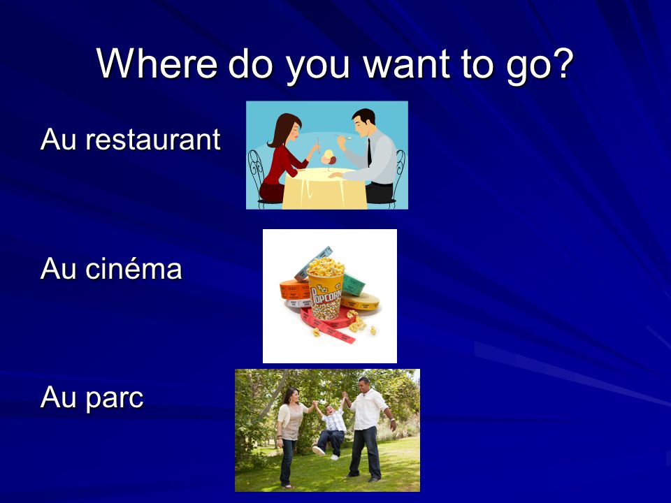 Where do you want to go Au restaurant Au cinéma Au parc