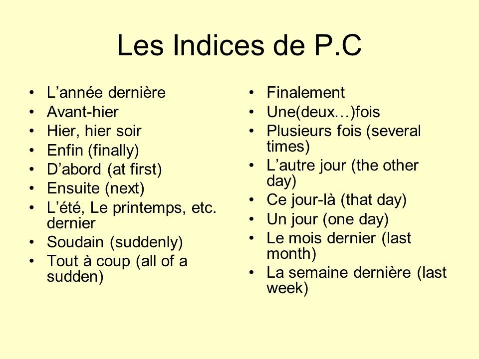 Les Indices de P.C Lannée dernière Avant-hier Hier, hier soir Enfin (finally) Dabord (at first) Ensuite (next) Lété, Le printemps, etc.
