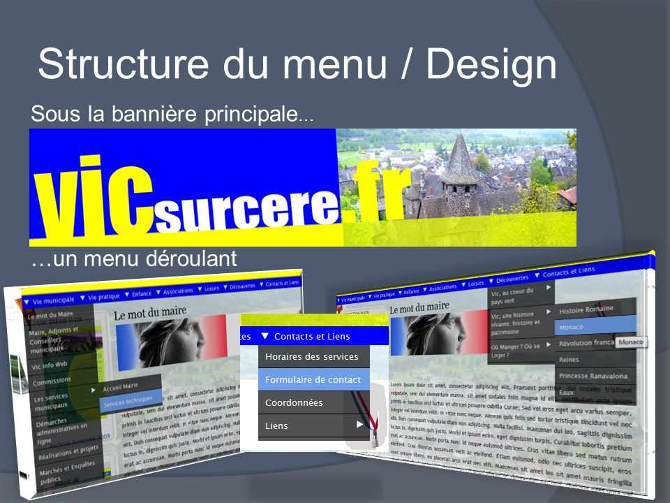 Structure du menu / Design Sous la bannière principale … …un menu déroulant