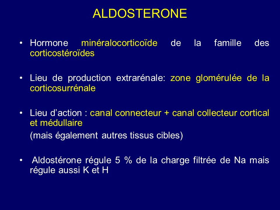 ALDOSTERONE Hormone minéralocorticoïde de la famille des corticostéroïdes Lieu de production extrarénale: zone glomérulée de la corticosurrénale Lieu daction : canal connecteur + canal collecteur cortical et médullaire (mais également autres tissus cibles) Aldostérone régule 5 % de la charge filtrée de Na mais régule aussi K et H