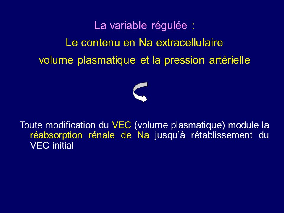 La variable régulée : Le contenu en Na extracellulaire volume plasmatique et la pression artérielle Toute modification du VEC (volume plasmatique) module la réabsorption rénale de Na jusquà rétablissement du VEC initial