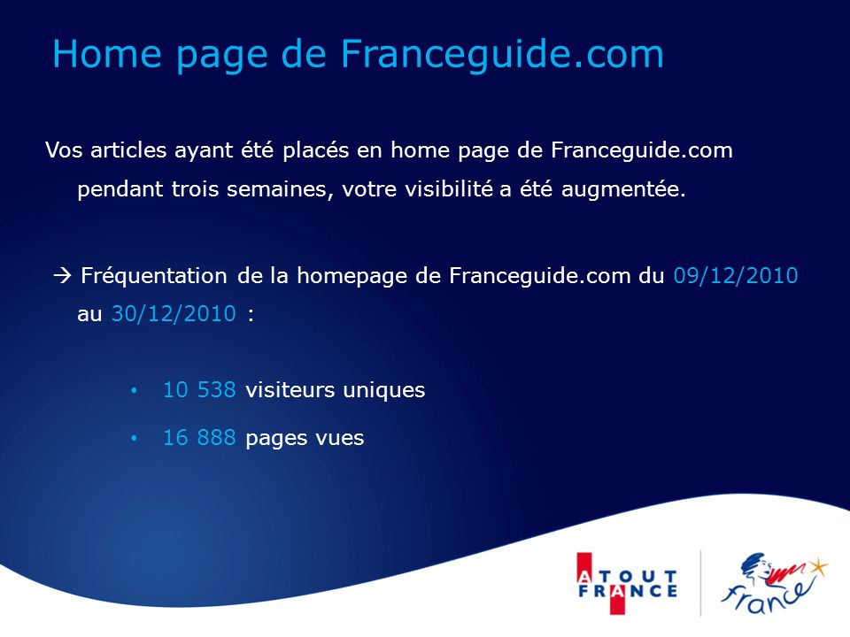 Home page de Franceguide.com Vos articles ayant été placés en home page de Franceguide.com pendant trois semaines, votre visibilité a été augmentée.