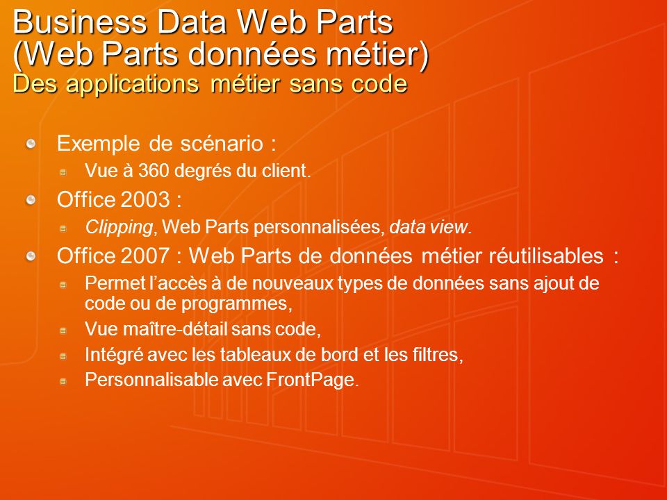 Business Data Web Parts (Web Parts données métier) Des applications métier sans code Exemple de scénario : Vue à 360 degrés du client.
