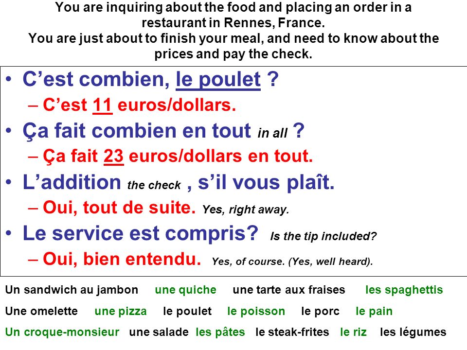 You are inquiring about the food and placing an order in a restaurant in Rennes, France.