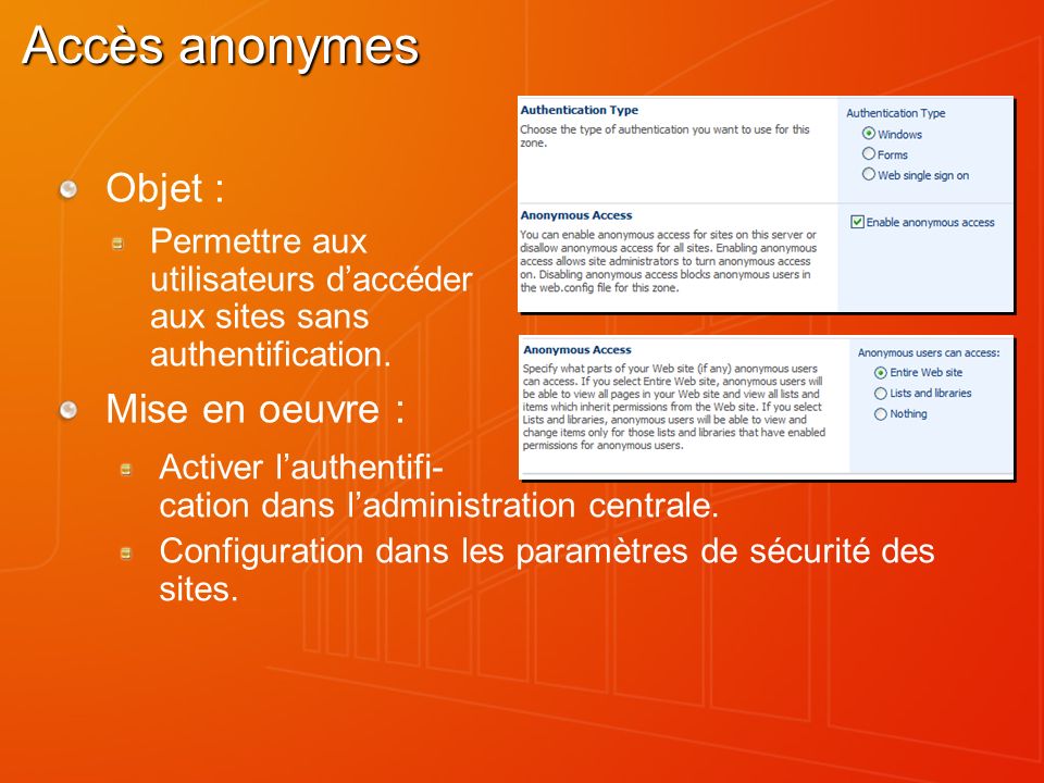 Accès anonymes Objet : Permettre aux utilisateurs daccéder aux sites sans authentification.