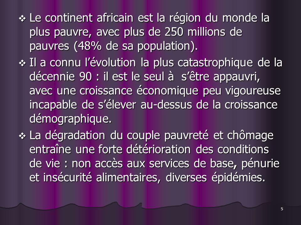 5 Le continent africain est la région du monde la plus pauvre, avec plus de 250 millions de pauvres (48% de sa population).