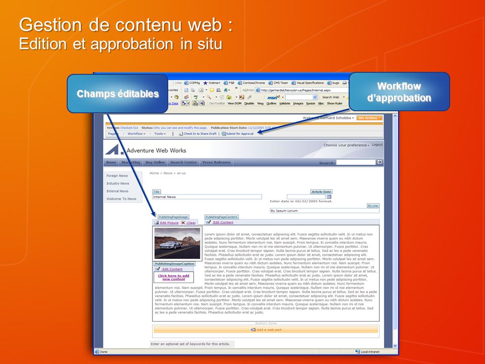Gestion de contenu web : Edition et approbation in situ Champs éditables Workflow dapprobation