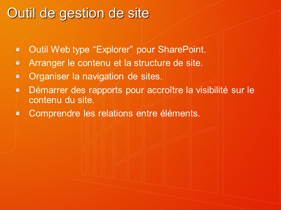 Outil de gestion de site Outil Web type Explorer pour SharePoint.
