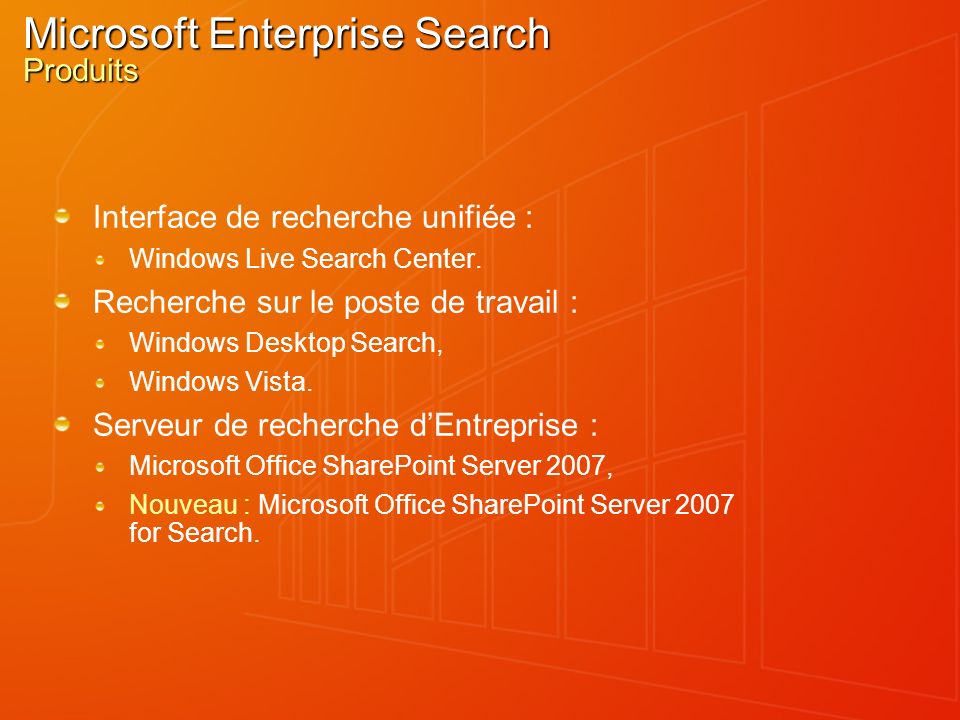 Microsoft Enterprise Search Produits Interface de recherche unifiée : Windows Live Search Center.