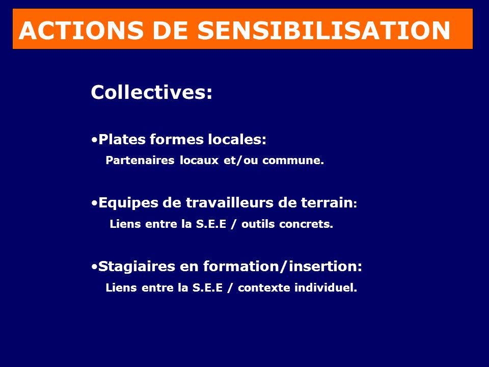 ACTIONS DE SENSIBILISATION Collectives: Plates formes locales: Partenaires locaux et/ou commune.