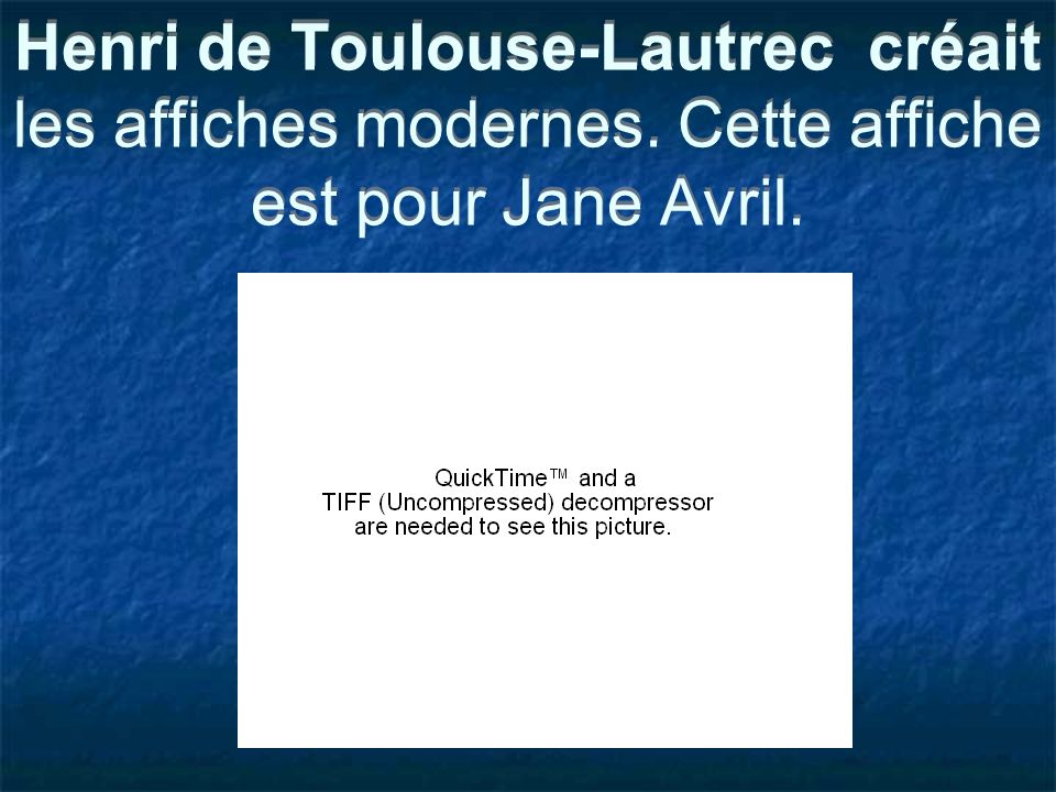 Henri de Toulouse-Lautrec créait les affiches modernes. Cette affiche est pour Jane Avril.