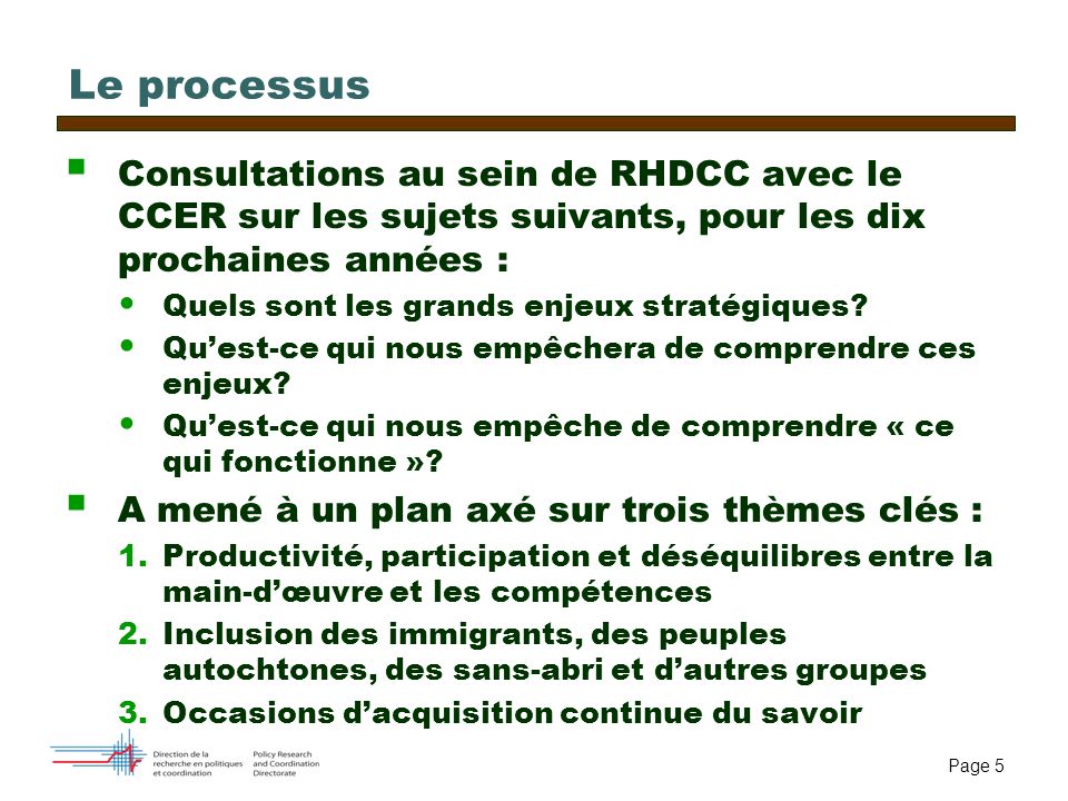 Page 5 Le processus Consultations au sein de RHDCC avec le CCER sur les sujets suivants, pour les dix prochaines années : Quels sont les grands enjeux stratégiques.