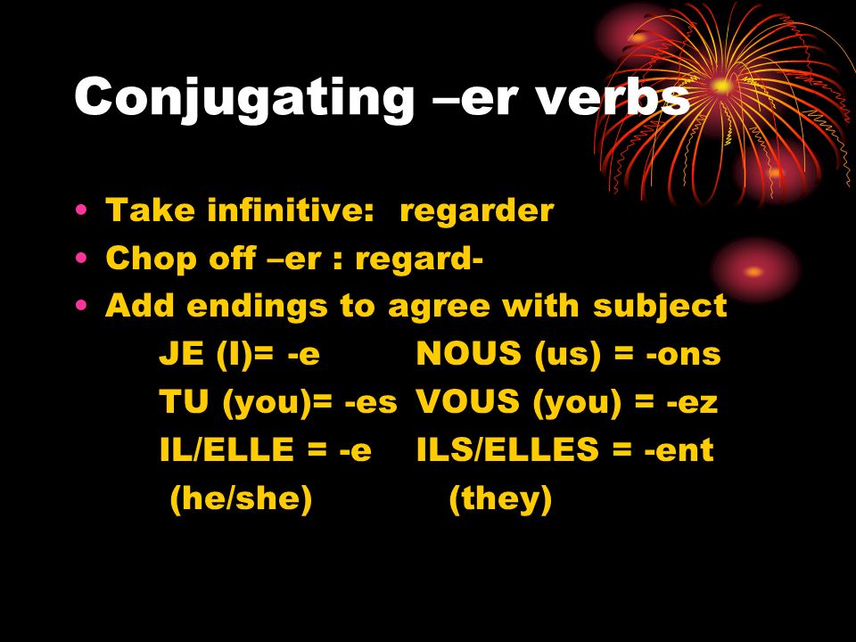 Conjugating –er verbs Take infinitive: regarder Chop off –er : regard- Add endings to agree with subject JE (I)= -eNOUS (us) = -ons TU (you)= -esVOUS (you) = -ez IL/ELLE = -eILS/ELLES = -ent (he/she) (they)
