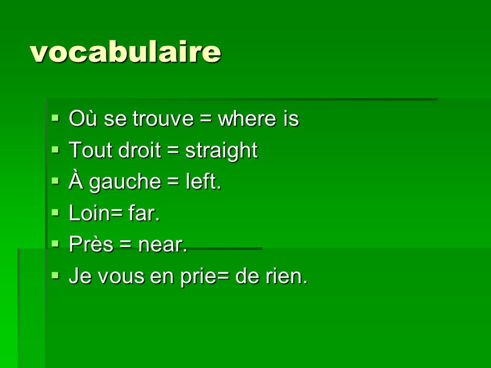 vocabulaire Où se trouve = where is Où se trouve = where is Tout droit = straight Tout droit = straight À gauche = left.