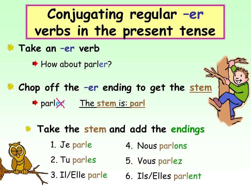 Conjugating regular –er verbs in the present tense Take an –er verb How about parler.