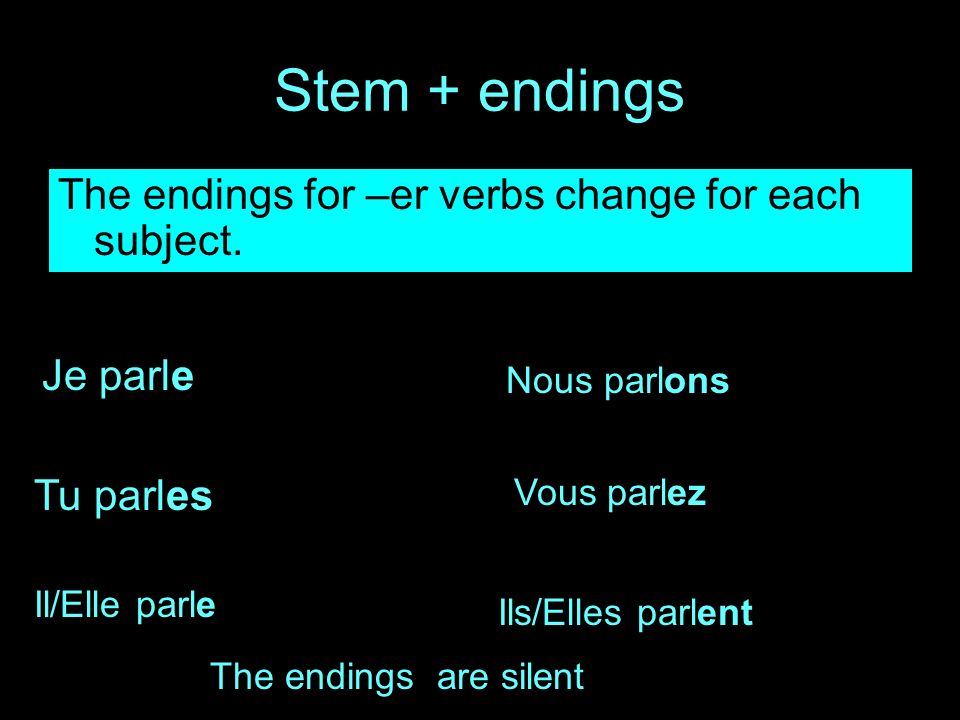 Stem + endings The endings for –er verbs change for each subject.