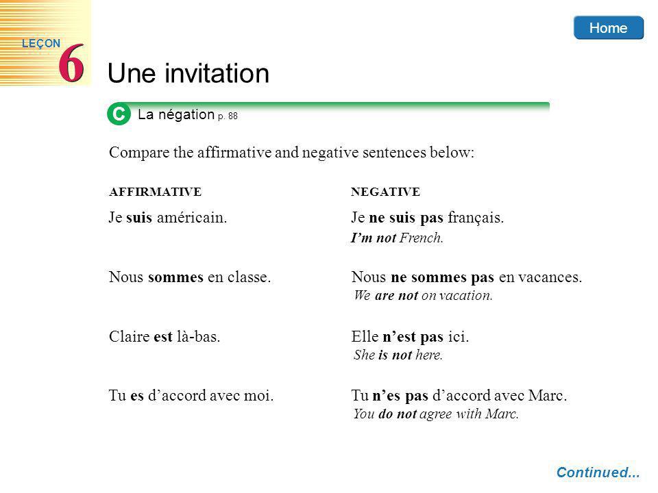 Compare the affirmative and negative sentences below: AFFIRMATIVENEGATIVE Home C La négation p.