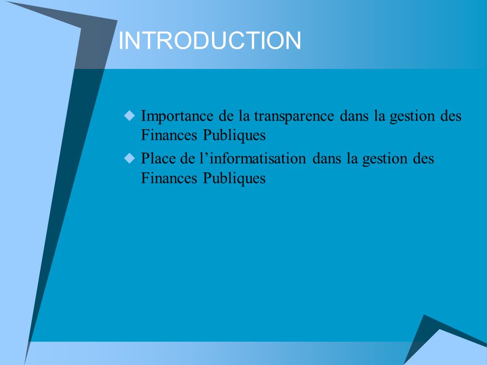 INTRODUCTION Importance de la transparence dans la gestion des Finances Publiques Place de linformatisation dans la gestion des Finances Publiques