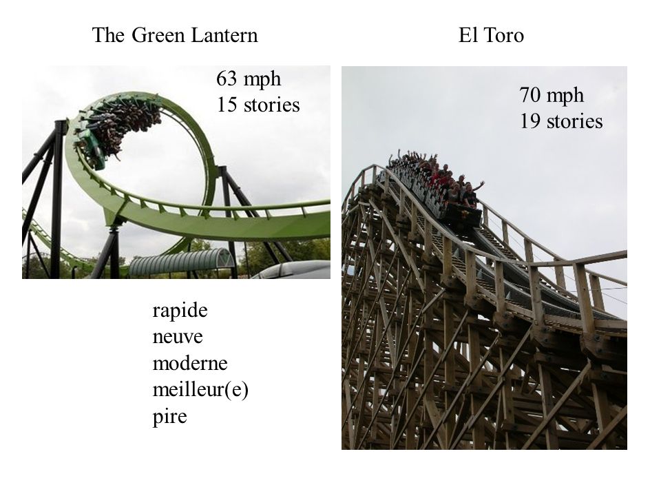 The Green LanternEl Toro 63 mph 15 stories 70 mph 19 stories rapide neuve moderne meilleur(e) pire