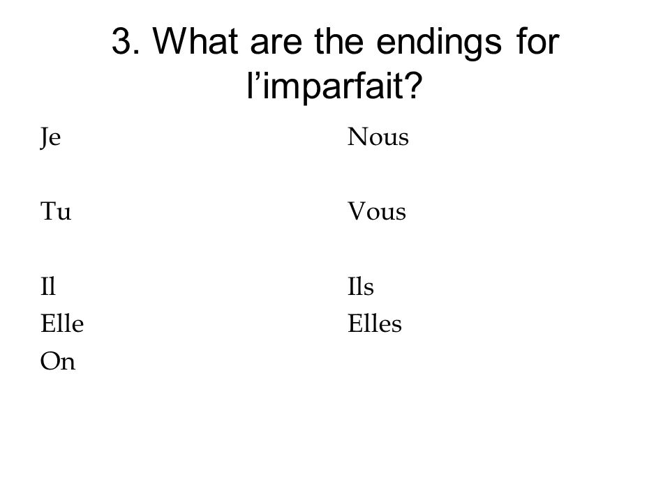 3. What are the endings for limparfait Je Tu Il Elle On Nous Vous Ils Elles