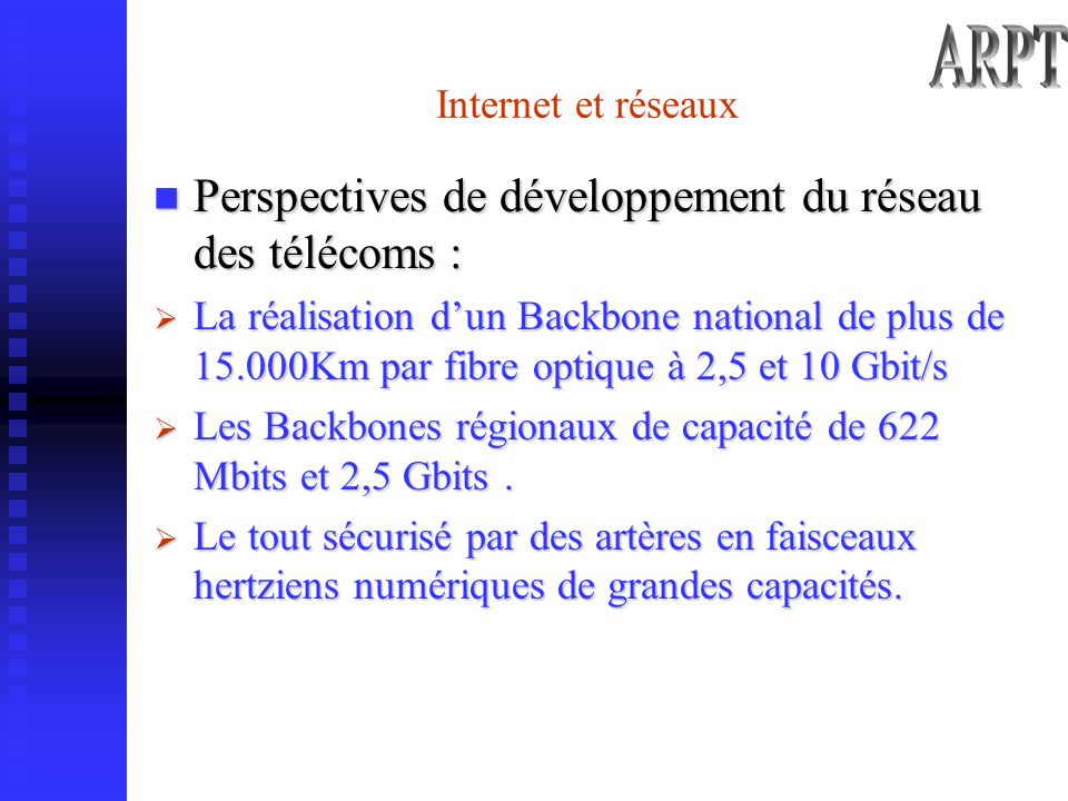 Internet et réseaux Perspectives de développement du réseau des télécoms : La réalisation dun Backbone national de plus de Km par fibre optique à 2,5 et 10 Gbit/s Les Backbones régionaux de capacité de 622 Mbits et 2,5 Gbits.