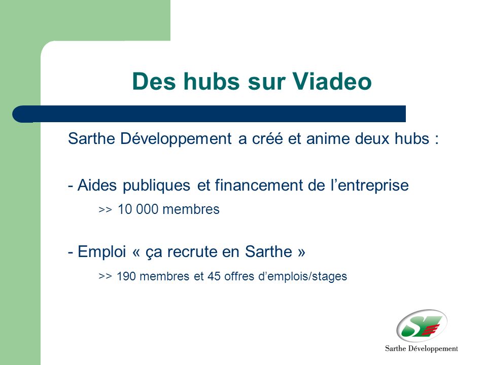 Des hubs sur Viadeo Sarthe Développement a créé et anime deux hubs : - Aides publiques et financement de lentreprise >> membres - Emploi « ça recrute en Sarthe » >> 190 membres et 45 offres demplois/stages