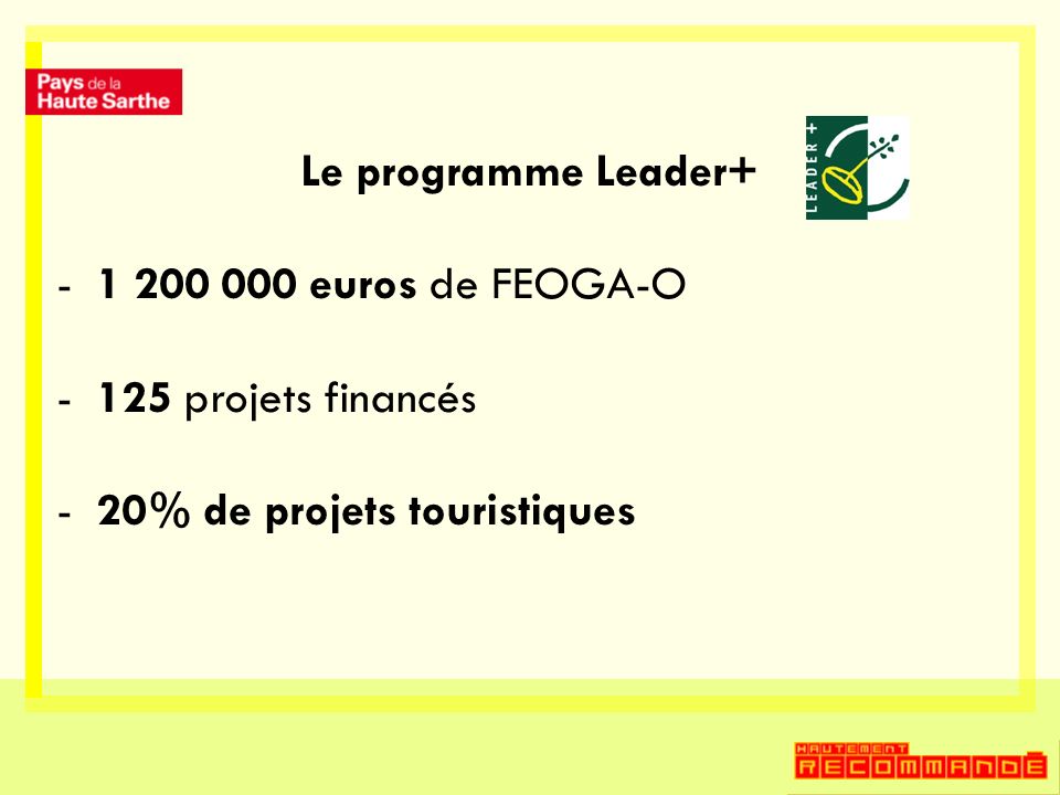 euros de FEOGA-O -125 projets financés -20% de projets touristiques