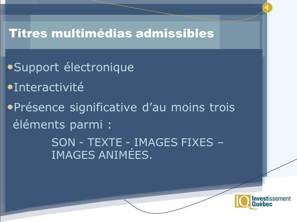 Titres multimédias admissibles Support électronique Interactivité Présence significative dau moins trois éléments parmi : SON - TEXTE - IMAGES FIXES – IMAGES ANIMÉES.