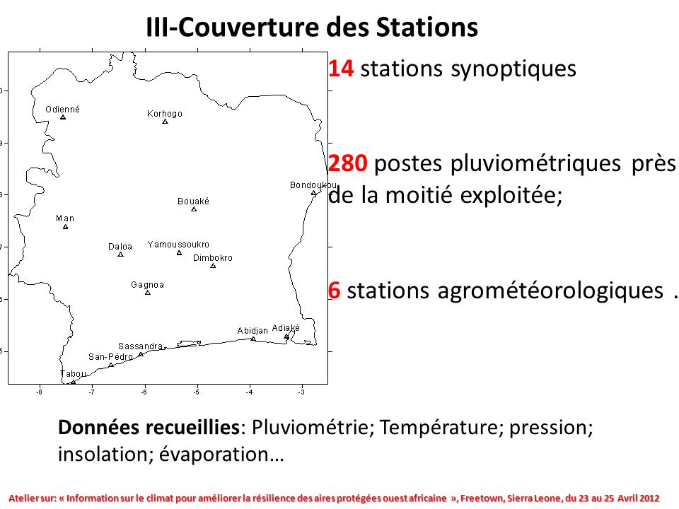III-Couverture des Stations 14 stations synoptiques 280 postes pluviométriques près de la moitié exploitée; 6 stations agrométéorologiques.