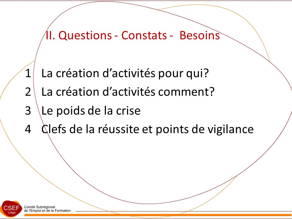 II. Questions - Constats - Besoins 1La création dactivités pour qui.