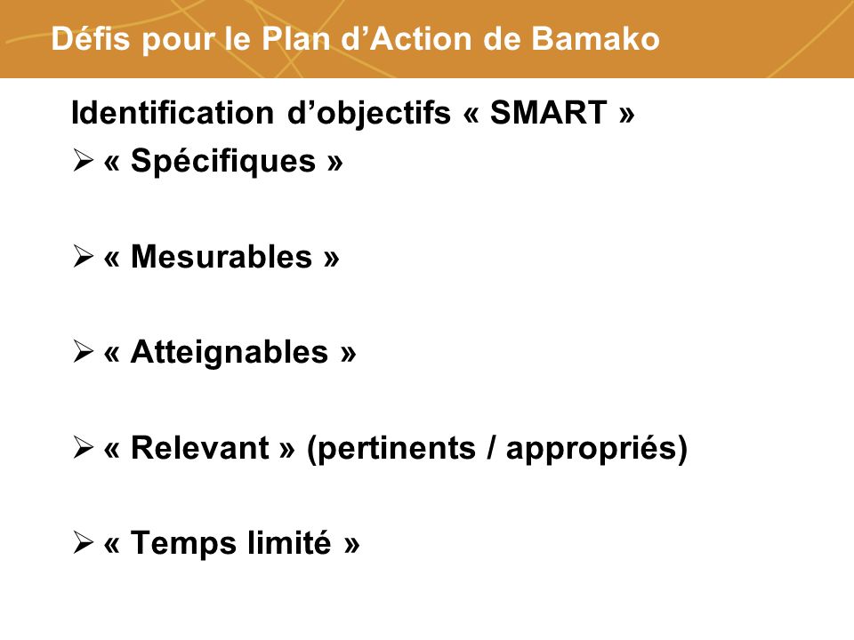 Farmers organizations, policies and markets Défis pour le Plan dAction de Bamako Identification dobjectifs « SMART » « Spécifiques » « Mesurables » « Atteignables » « Relevant » (pertinents / appropriés) « Temps limité »