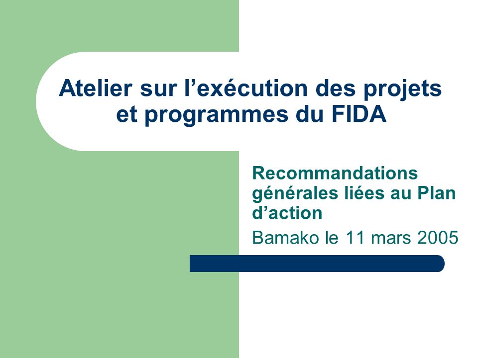 Atelier sur lexécution des projets et programmes du FIDA Recommandations générales liées au Plan daction Bamako le 11 mars 2005